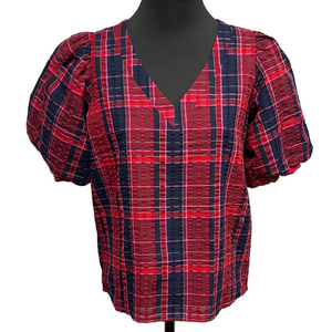 ✨ LOFT Plaid Puff Sleeve Blouse | Red & Navy | Size S
